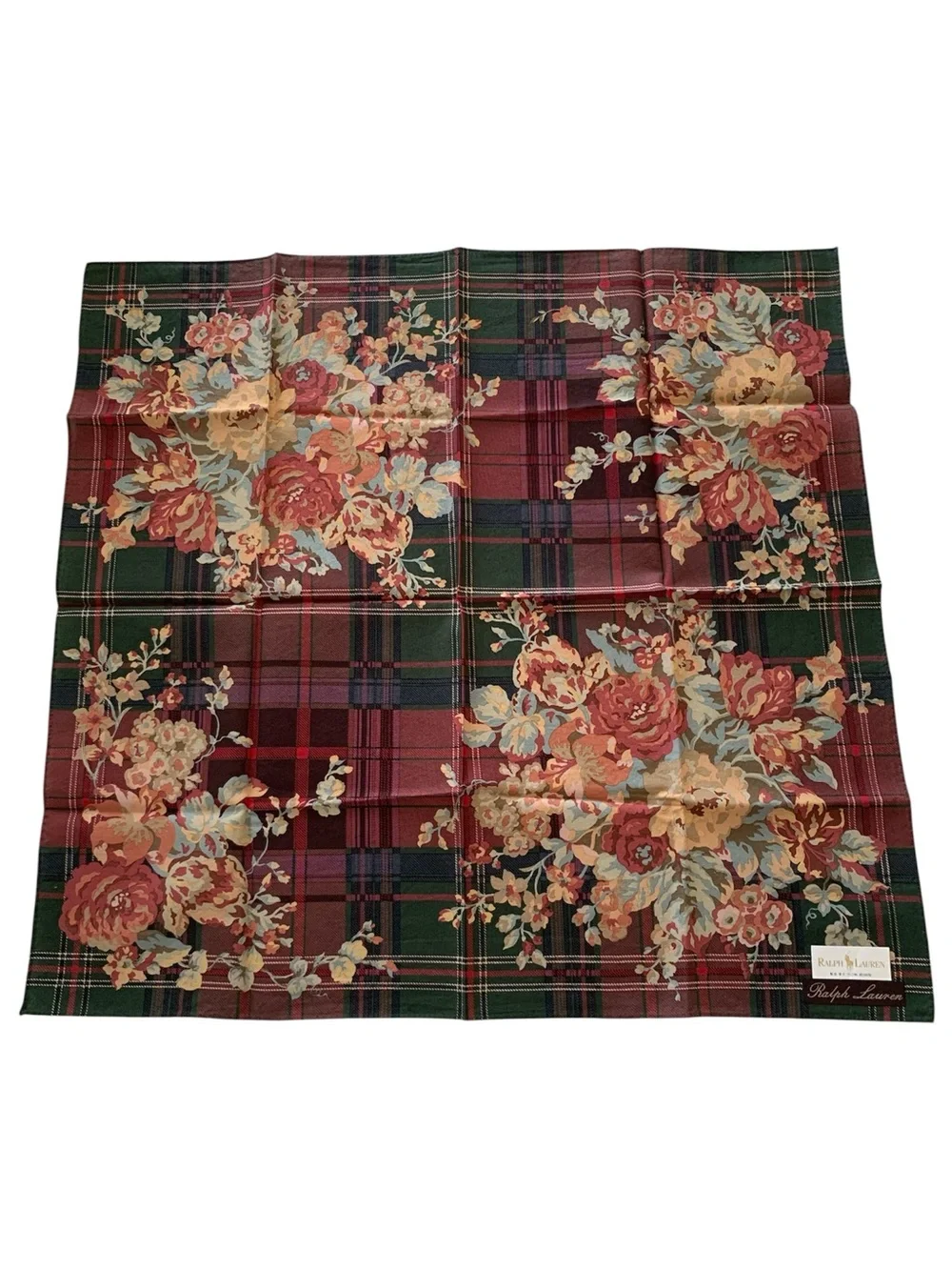NWT Ralph Lauren Floral Plaid Cotton Handkerchief Scarf Made in Japan 18.5”